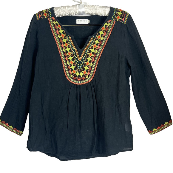 Velvet By Graham & Spencer Blouse Women's Size Small Embroidered V Neck Boho - Picture 1 of 13